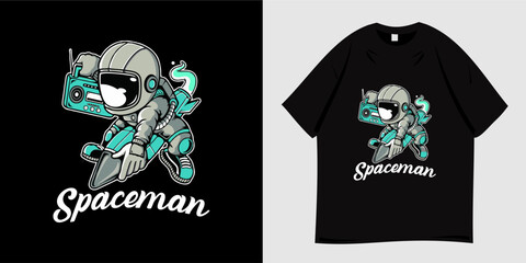 Astronaut graphic t-shirt design ready to print. Space suit, outer space, rocket, spaceship and moon symbols. Suitable for t-shirts, apparel, tees, clothing and fashion. Vector illustration © DEWIMURNI