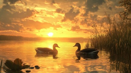 A pair of ducks swimming in a small farm pond, their reflections shimmering on the water as the sun sets behind them.
