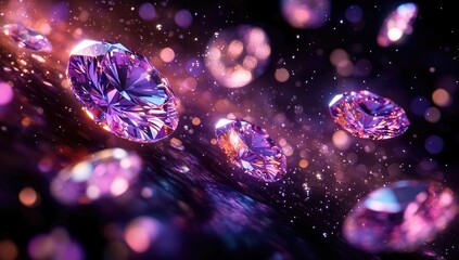 A captivating scene showcases vibrant purple and pink diamonds floating gracefully in a cosmic space filled with glowing particles; the rich colors of the diamonds contrast beautifully against the