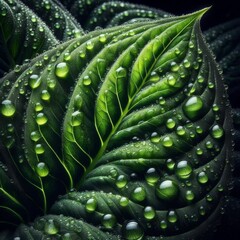 Detailed Close-Up of Raindrops Forming on a Leaf Surface