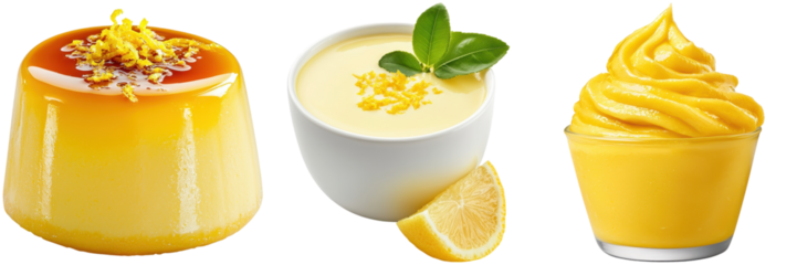 Selection of yellow desserts, flan, lemon cream, and mango sorbet. Sweet treats for a refreshing and delicious experience.