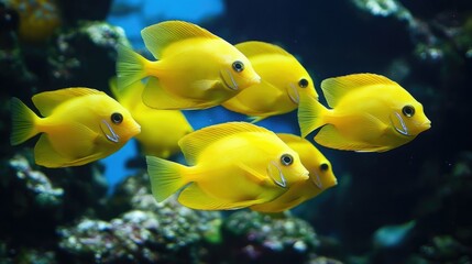 Obraz premium A school of electric yellow tang fish swimming in harmony against a deep blue ocean backdrop.