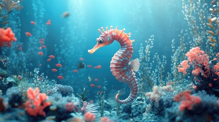 A seahorse camouflaged among coral plants, surrounded by tiny tropical fish gliding by.