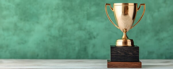 Golden Trophy on Wooden Base Against a Green Background