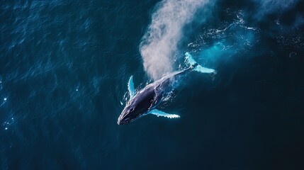 Fototapeta premium A stunning aerial view of a humpback whale surfacing for air, exhaling a misty spout of water.
