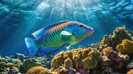 Obraz premium A stunning parrotfish with iridescent blue and green scales feeding on coral in a sunlit reef.