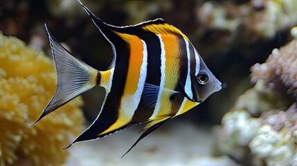 A vibrant Moorish idol fish with striking black, white, and yellow patterns swimming in the reef.