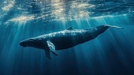 Obraz premium A whale peacefully drifting through the ocean, its presence serene and awe-inspiring.