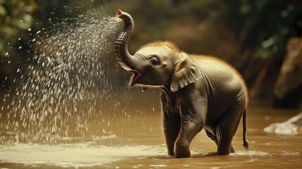 Fototapeta premium A young elephant playfully spraying water with its trunk while standing in a muddy river.