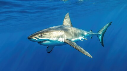 Fototapeta premium A young great white shark swimming in crystal-clear blue waters, showcasing its graceful motion.