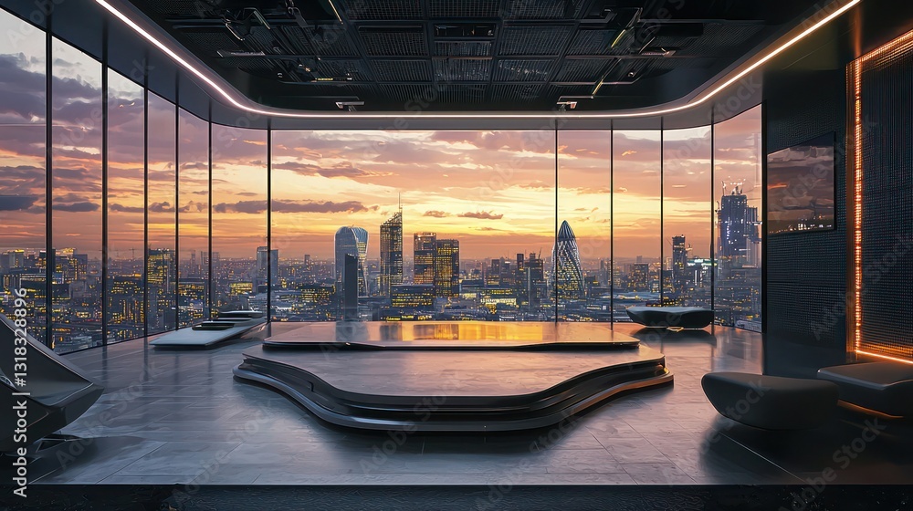Poster a tech startup office with a futuristic design and a skyline view
