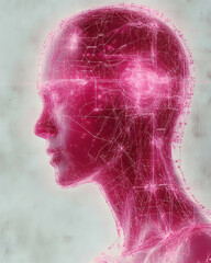 A stylized profile of a head and neck, rendered in translucent pink, with an intricate network of lines suggesting neural pathways or connections