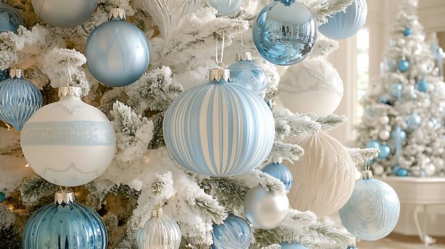 Close-up of a flocked Christmas tree decorated with pastel blue and white ornaments.