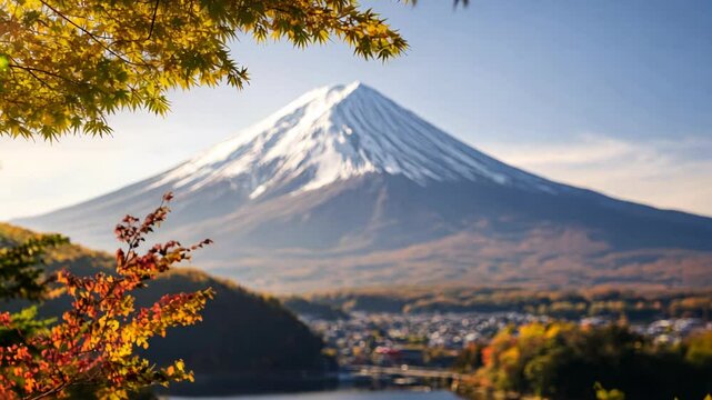  beautiful spring season in Japan,  maple tree on the mountain top with snowcap mountain background, beautiful scenery 