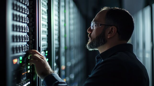 A technician monitoring power backup systems in a control center
