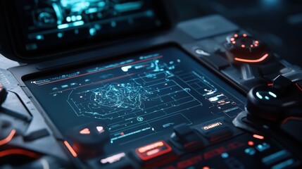 Futuristic cockpit display with digital interface