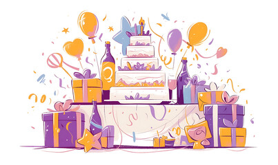 Whimsical and festive cake and sweets candy birthday-themed illustrations and celebratory elements in a playful doodle style.