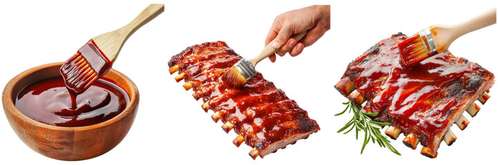 BBQ ribs being brushed with sauce. Delicious grilled ribs with barbecue sauce. Concept of food, cooking, and grilling.