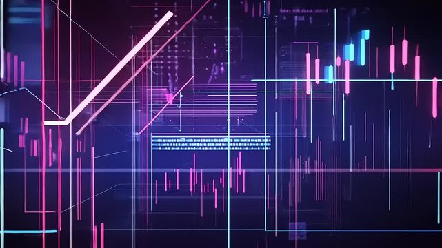 Abstract digital background with neon elements and data visualizations.