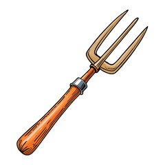 Close-up image of a vintage wooden-handled weeding fork, showing its three tines, weathered wood, and overall condition; emphasizing its rustic charm and gardening utility.