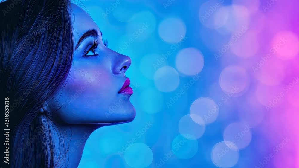 Poster woman in blue glow contemplating ethereal light spots with dreamy bokeh effect and serene atmosphere