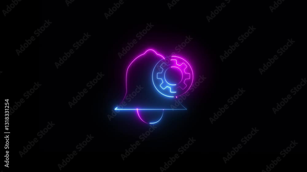 Poster notification rolling with setting icon. blue color neon glowing notification icon with black backgro