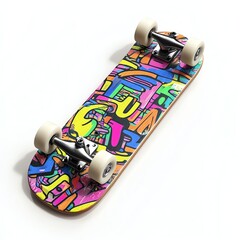 A vibrant, artistic skateboard featuring colorful graffiti and unique designs on its deck.