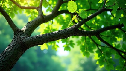 Fototapeta premium Tree's branches stretch outwards from the trunk, branch, greenery, foliage