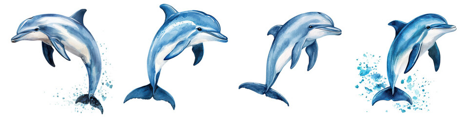 Fototapeta premium Exhilarating image of a group of playful dolphins leaping and splashing through the waves of a vibrant blue ocean