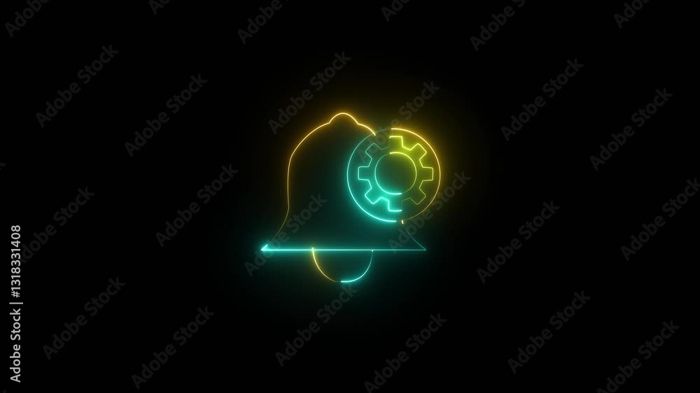 Poster notification rolling with setting icon. blue color neon glowing notification icon with black backgro