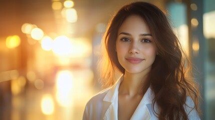 Obraz premium Compassionate Female Healthcare Professional in White Coat, Head and Shoulders Portrait with Soft Side Lighting, Blurred Hospital Background.