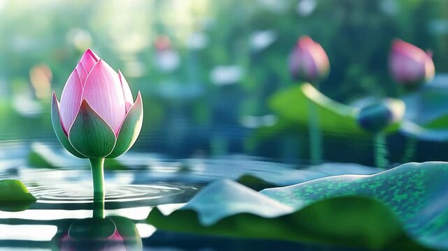  beautiful pink lotus buds  in pond, calm peaceful tropical scenery 