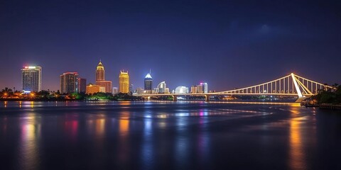 Obraz premium Sarasota, Florida's illuminated skyline and bridge at night, Florida, lights