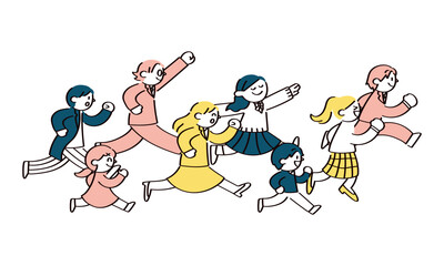 同じ方向に走る人たちのイラスト