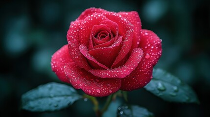Crimson rose unfolds, adorned with sparkling dew, against deep green foliage