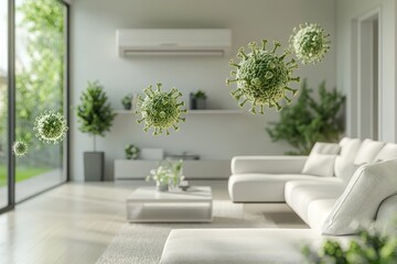 Virus particles floating in a modern, bright living room with white furniture and large windows, suggesting indoor air quality and hygiene