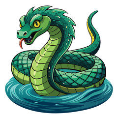 A massive anaconda, partially submerged in murky water, its scales glistening.  Show its immense size and powerful physique.