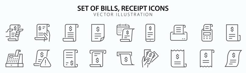 Bills icon set. It included bill, expense, receipt, outcome, and more icons. Editable Vector Stroke.
Bills icon set. It included bill, expense, receipt, outcome, and more icons. Editable Vector Stroke