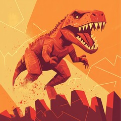 A vibrant illustration of a roaring Tyrannosaurus rex in a dramatic landscape, evoking a sense of prehistoric power.