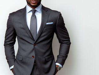 A sleek, dark suit and tie, a classic symbol of power and professionalism, is donned by a confident male silhouette against a stark white background, exuding an air of authority and sophistication. 