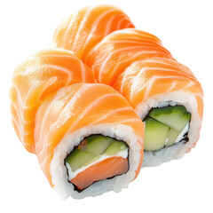 Sushi roll with salmon, avocado, crab and rice, decorated with black sesame seeds on a white or transparent background.