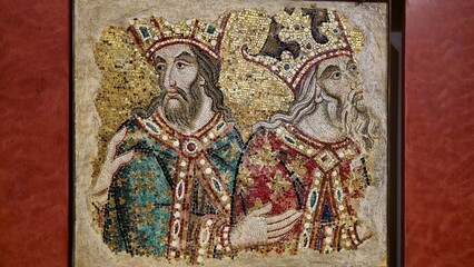 Venice, Italy - December 28, 2024: A Byzantine-style golden mosaic from St Mark's Cathedral showing two of the three Wise Men from the Christmas nativity account of Jesus' birth.