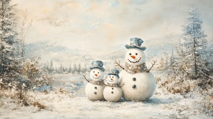 Obraz premium Snowman Family Painting: Winter Landscape with Snow Covered Trees 