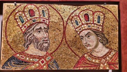 Venice, Italy - December 28, 2024: A Byzantine-style golden mosaic from St Mark's Cathedral showing...