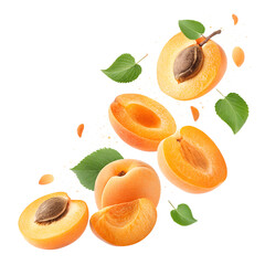flying falling apricot halves isolated on white background png