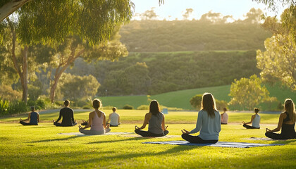 Group practicing meditative yoga poses outdoors in serene park landscape