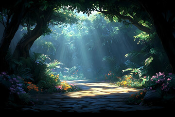 Obraz premium Sunlit Path Through Lush Forest