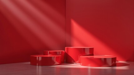 Glossy red podiums set in a corner with light beams, creating a minimalistic and modern design space, perfect for product display concepts. Ai generative