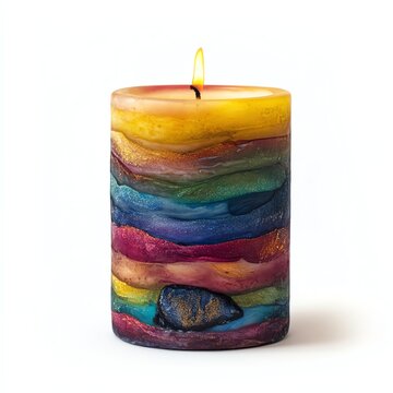 A vibrant rainbow candle adding warmth and color to any space, perfect for relaxation and ambiance.