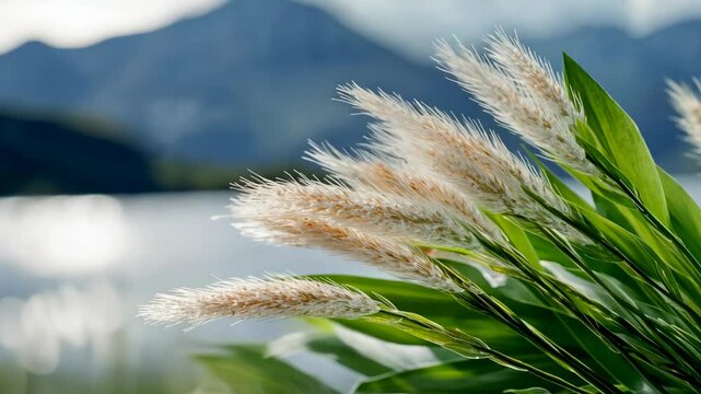  beautiful spring season in Japan, white foxtail grass at lake shore